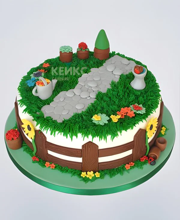 Торт в виде зеленой поляны на даче Фото