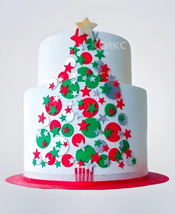 Торт двухъярусный с ёлочкой на новый год Фото
