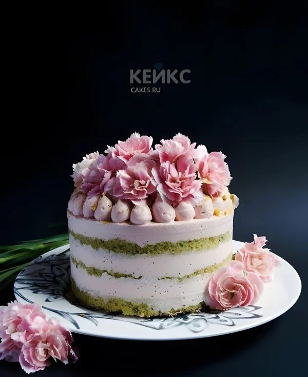 Нежный торт с розовым кремом, живыми цветами и открытыми коржами Нежный торт с розовым кремом, живыми цветами и открытыми коржами Фото