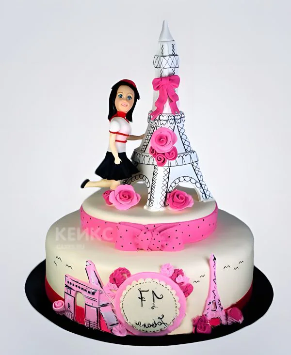 Торт с девушкой и Эйфелевой башней ярко-розовый Торт с девушкой и Эйфелевой башней ярко-розовый Фото