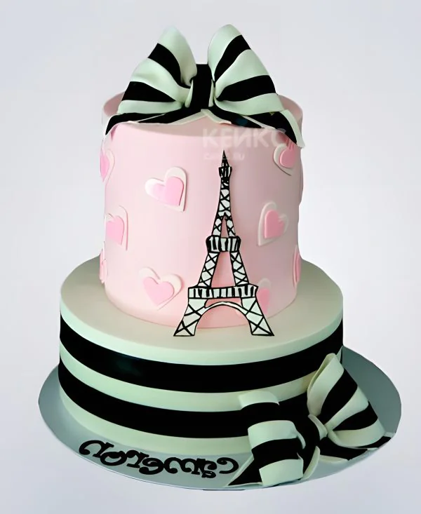 Торт Эйфелева башня с сердечками и зеленым ярусом Торт Эйфелева башня с сердечками и зеленым ярусом Фото