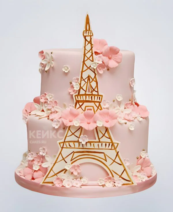 Торт Эйфелева башня а аппликацией и розовыми цветочками Торт Эйфелева башня а аппликацией и розовыми цветочками Фото