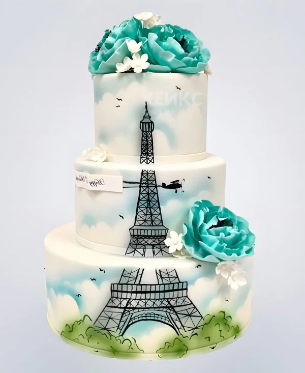 Торт Эйфелева башня с зелеными цветами и рисунком Торт Эйфелева башня с зелеными цветами и рисунком Фото