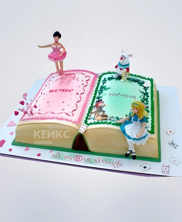 Розово-зеленый торт с фигурками Фото