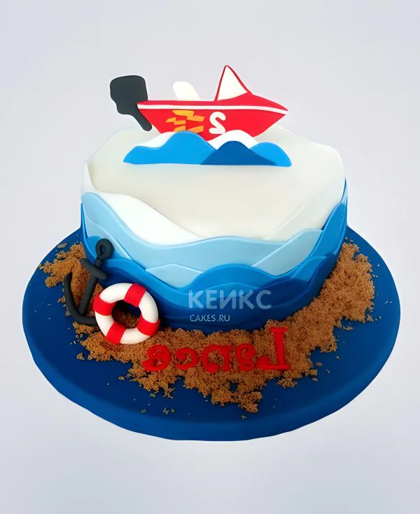 Морской торт с красным корабликом и спасательным кругом Морской торт с красным корабликом и спасательным кругом Фото