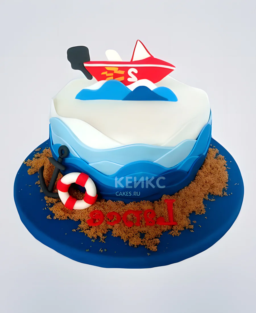 Морской торт с красным корабликом и спасательным кругом Морской торт с красным корабликом и спасательным кругом Фото