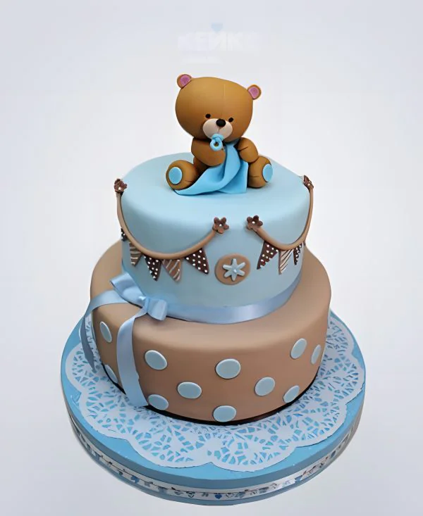 Детский коричнево-голубой торт с медвежонком Детский коричнево-голубой торт с медвежонком Фото