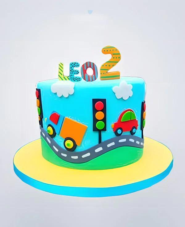 Синий торт с дорогой для мальчика Фото