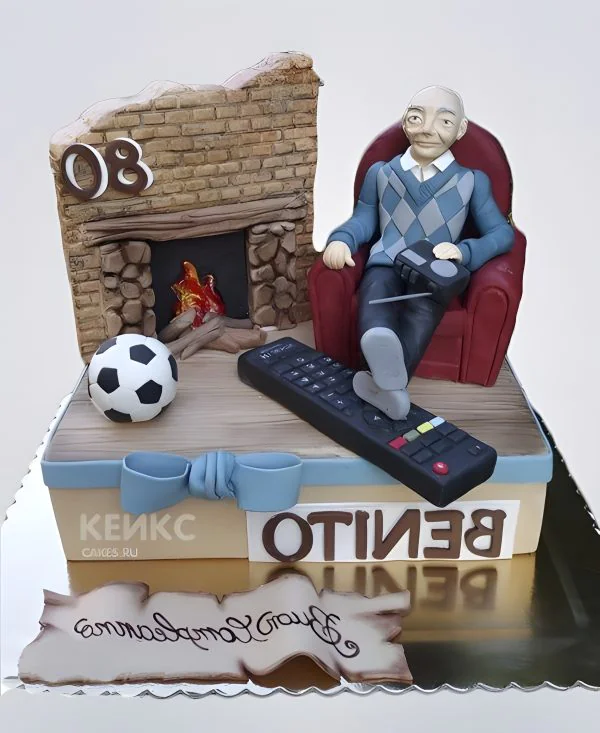 Торт на юбилей мужчине 70 лет с креслом и камином Фото