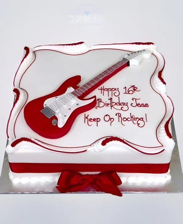 Красно-белый торт с гитарой и надписью Фото