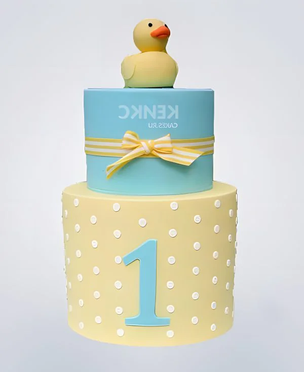 Желто-голубой торт с уточкой на годик Фото