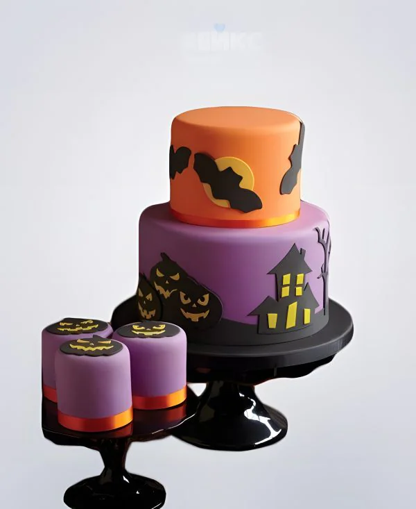 Оранжево-фиолетовый торт с тыквами и летучими мышами на Хэллоуин Оранжево-фиолетовый торт с тыквами и летучими мышами на Хэллоуин Фото