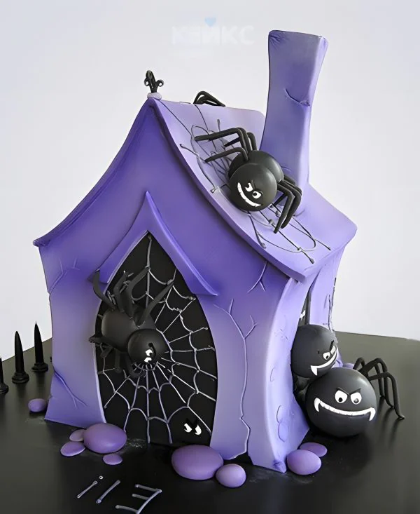 Торт на Хэллоуин в виде дома с пауками из мастики Торт на Хэллоуин в виде дома с пауками из мастики Фото