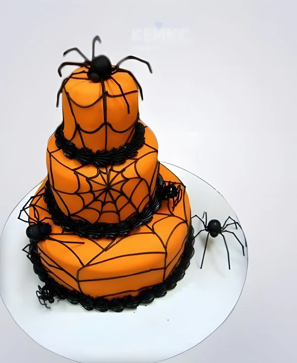 Оранжевый торт на Хэллоуин с пауками Оранжевый торт на Хэллоуин с пауками Фото