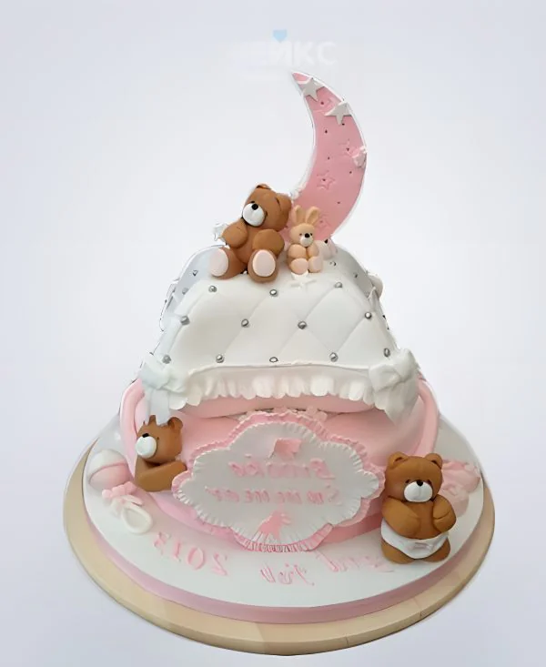 Розовый торт с подушкой и мишками Розовый торт с подушкой и мишками Фото