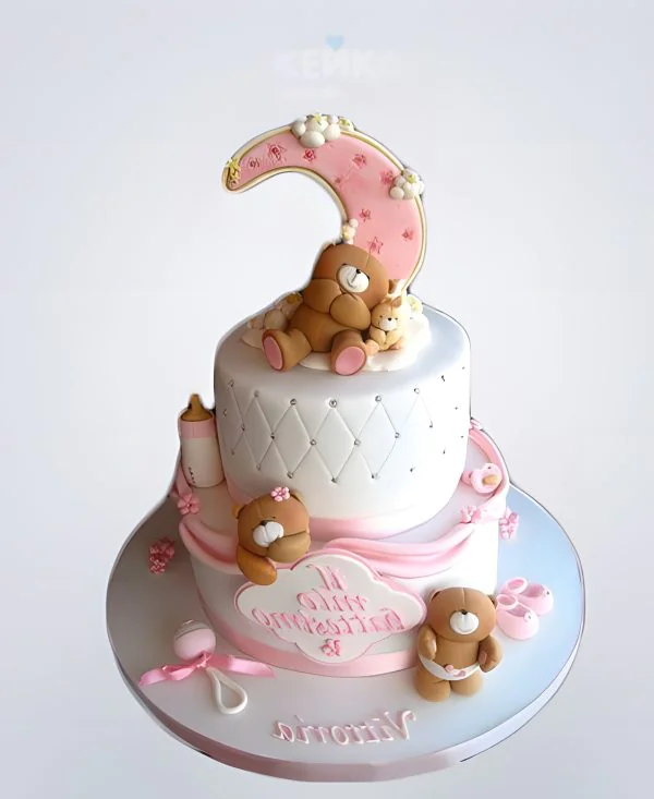 Торт розовый с мишками и луной Фото