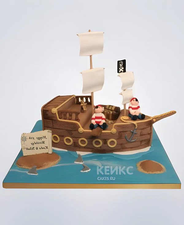 Прикольный торт в виде пиратский корабля Фото