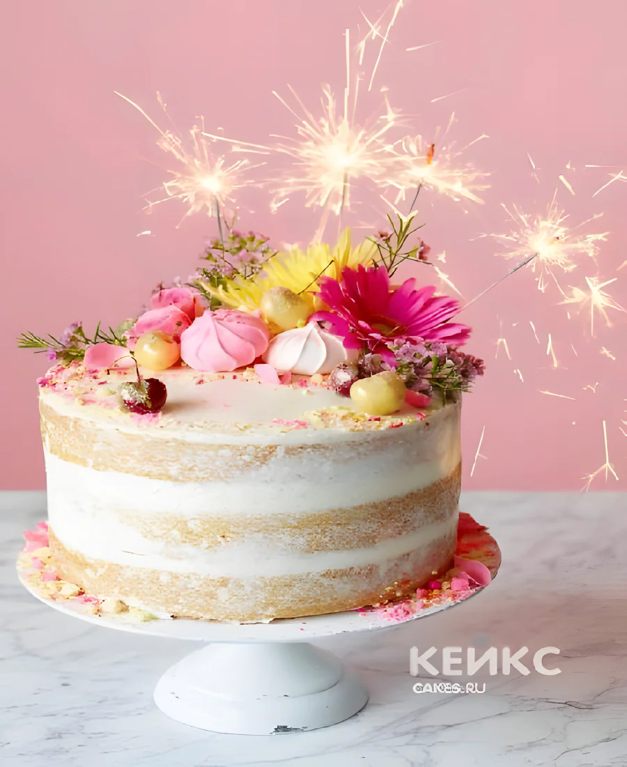 Яркий торт с цветами и зефиром Яркий торт с цветами и зефиром Фото