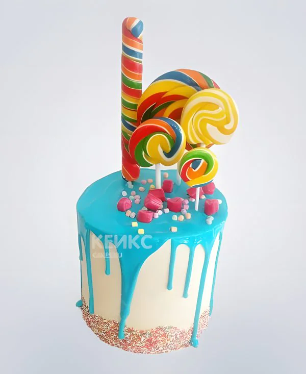 Голубой торт с леденцами и мастикой Фото