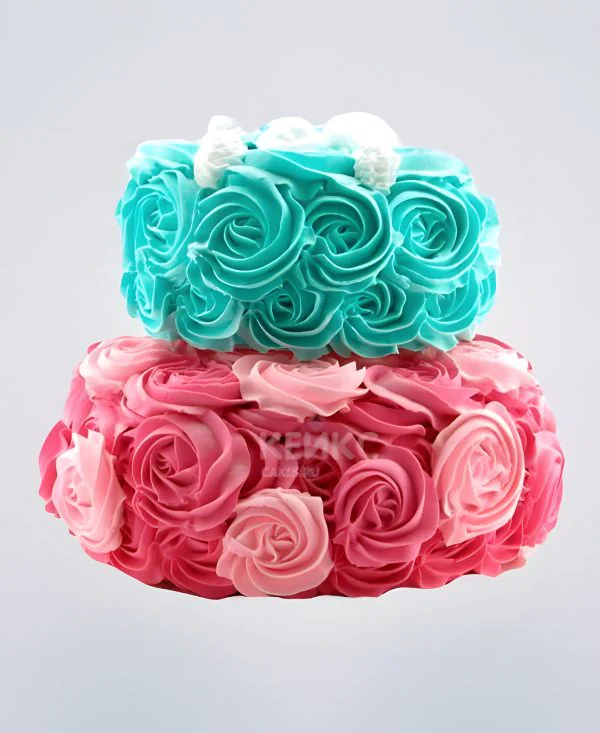 Яркий розово-бирюзовый торт из крема Фото