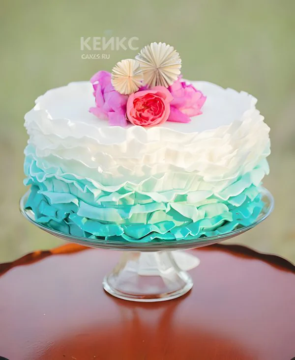 Торт розово-бирюзовый с рюшами Фото