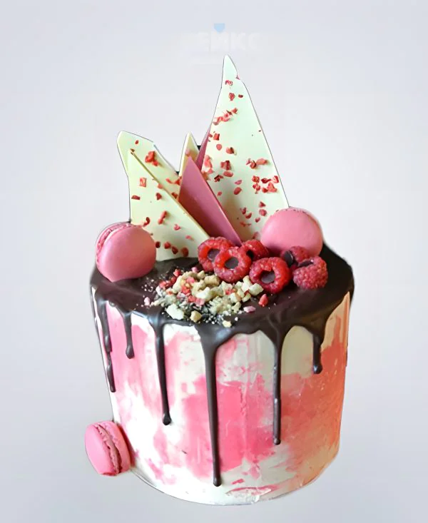 Розовый торт с шоколадной глазурью и малиной Розовый торт с шоколадной глазурью и малиной Фото