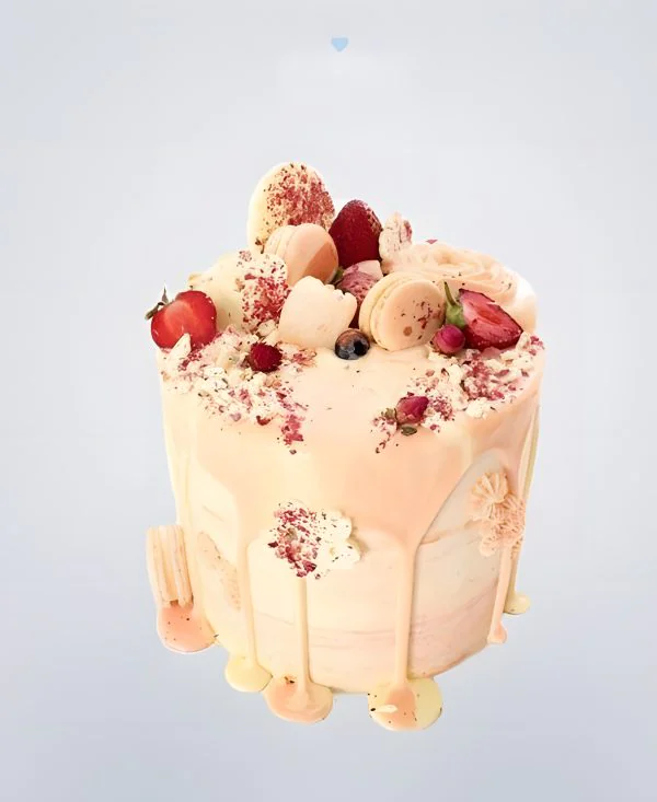 Торт украшенный живыми цветами и клубникой Торт украшенный живыми цветами и клубникой Фото