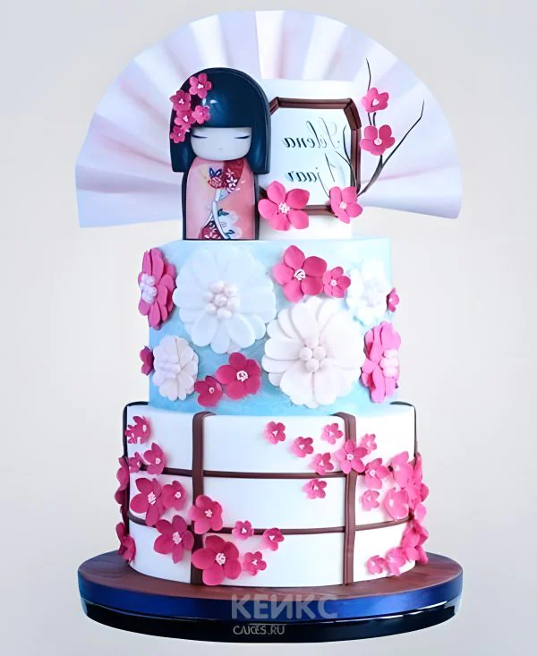 Торт в японском стиле с цветами сакуры Торт в японском стиле с цветами сакуры Фото