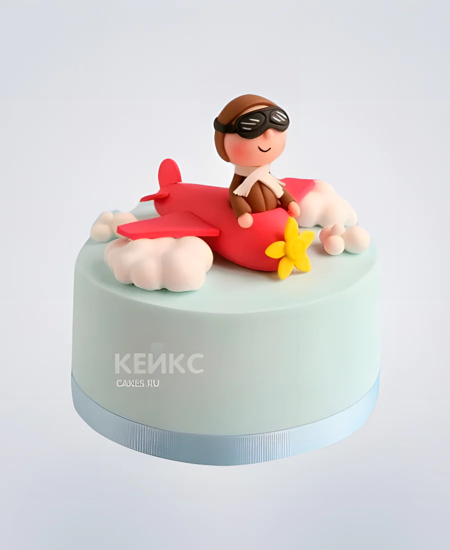 Торт с красным самолетом и летчиком в очках Фото