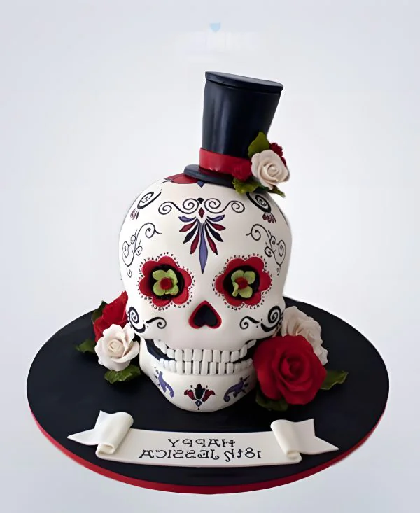 Торт в готическом стиле в виде белого черепа в шляпе Торт в готическом стиле в виде белого черепа в шляпе Фото