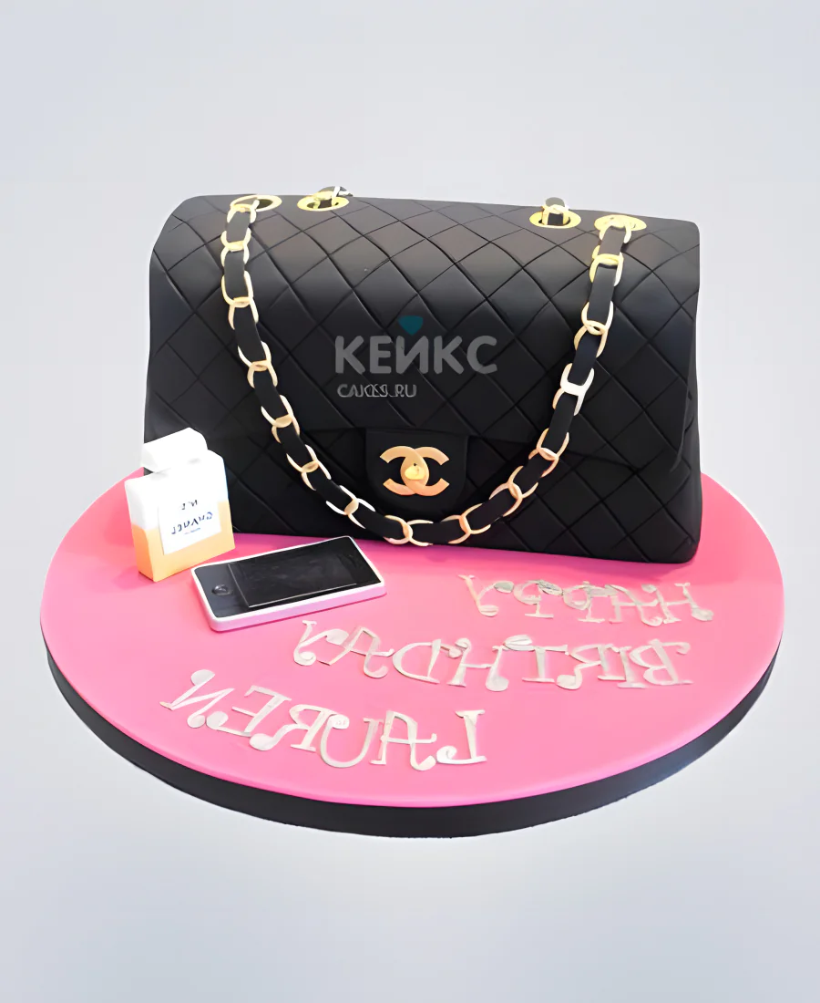 Торт черная сумка от Chanel с надписью Торт черная сумка от Chanel с надписью Фото