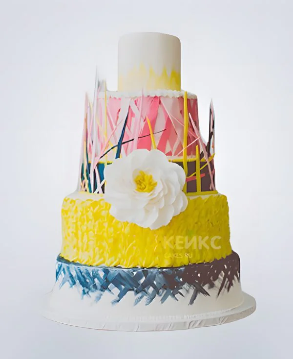 Свадебный торт в стиле бохо с разноцветными ярусами и цветком Свадебный торт в стиле бохо с разноцветными ярусами и цветком Фото
