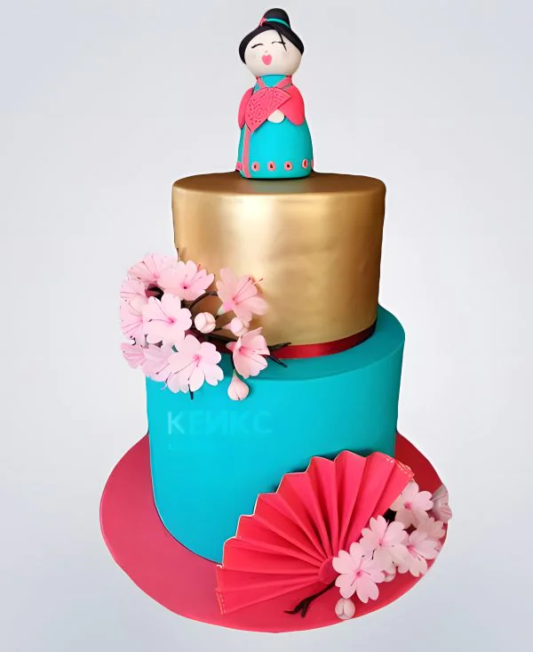 Торт в японском стиле с сакурой и веером Торт в японском стиле с сакурой и веером Фото