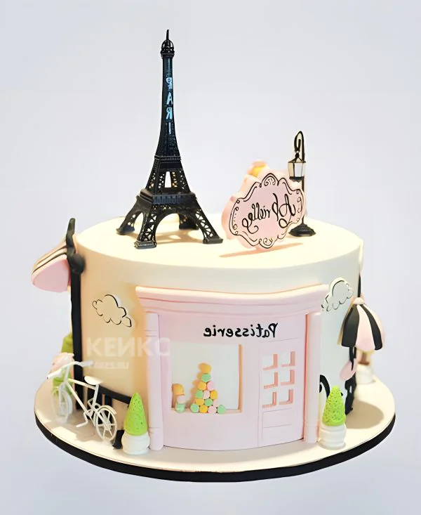 Торт в стиле Париж с Эйфелевой башней и велосипедом Торт в стиле Париж с Эйфелевой башней и велосипедом Фото