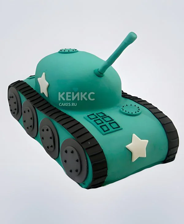 Торт в виде танка с пушкой и звездой Фото