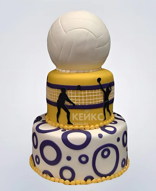 Бело-желтый торт волейбольным с мячом Бело-желтый торт волейбольным с мячом Фото