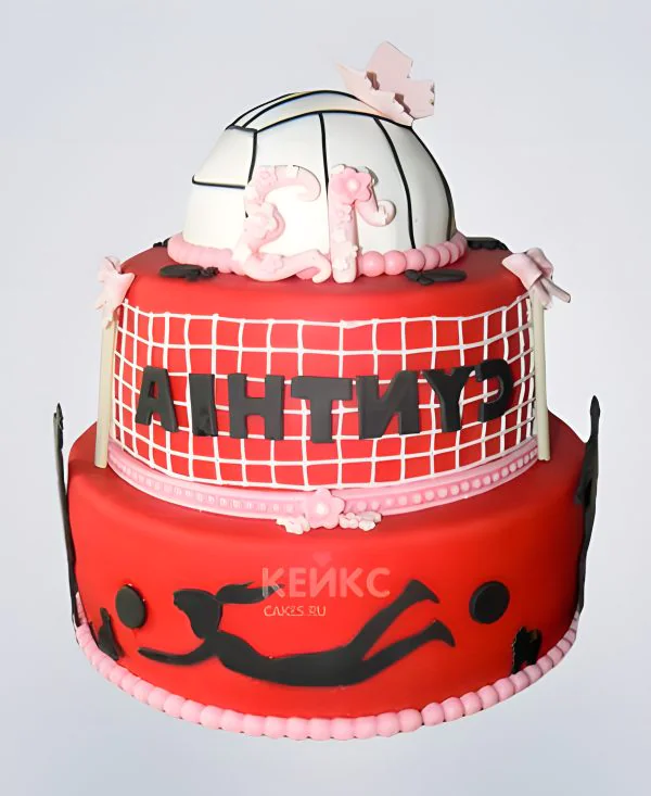 Красный торт с волейбольным мячом на 13 лет Красный торт с волейбольным мячом на 13 лет Фото