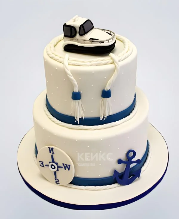 Двухъярусный морской торт с яхтой Фото