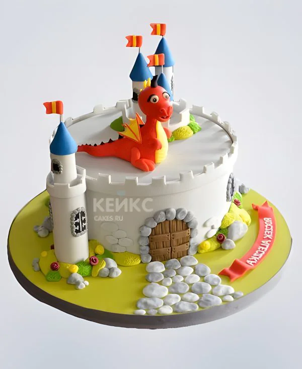 Торт в виде белого замка с красным драконом Торт в виде белого замка с красным драконом Фото
