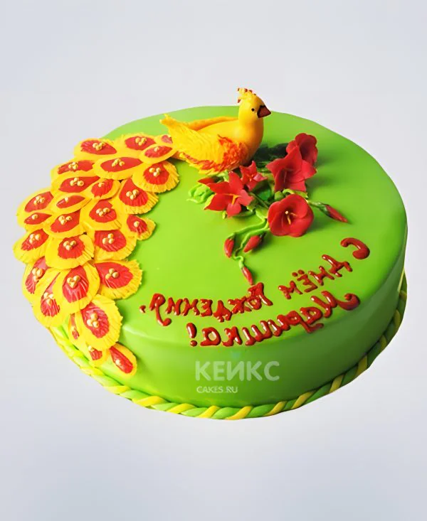 Зеленый яркий торт с Жар-птицей Фото