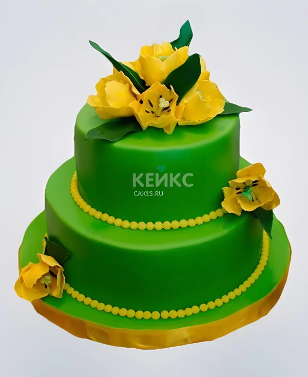 Торт желто-зеленый с шикарным цветком из мастики Фото