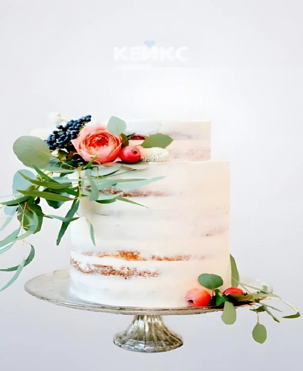 Торт Женщине на юбилей 25 лет в стиле рустик с живыми цветами Фото