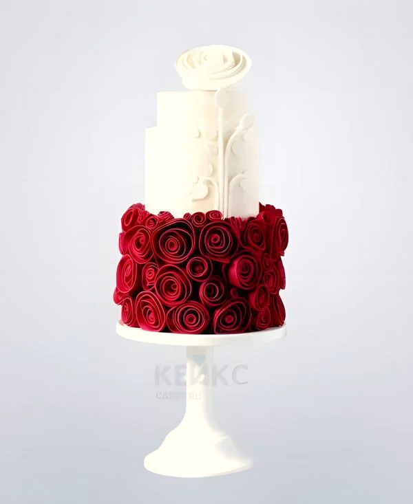 Бело-малиновый торт Женщине на юбилей 55 лет с цветами Фото