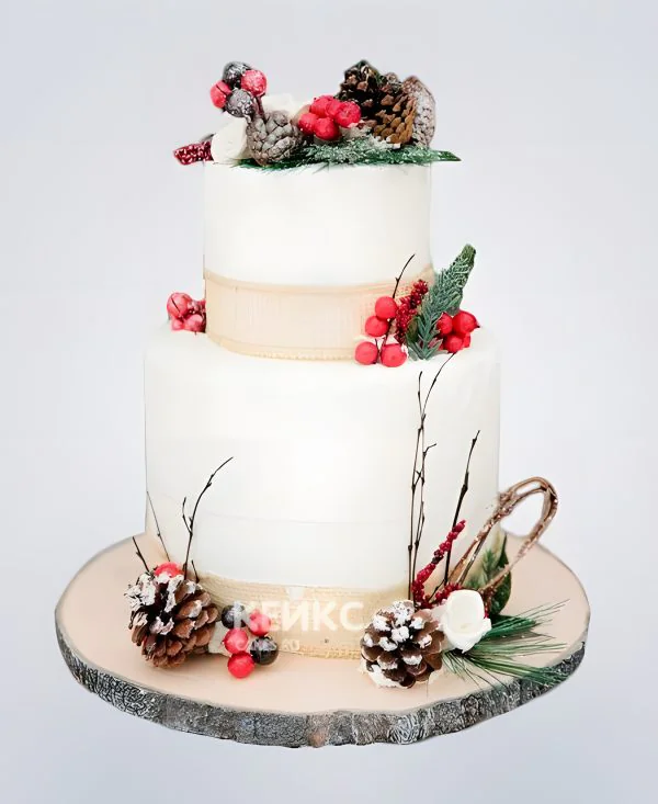 Двухъярусный торт зимний свадебный с шишками Фото