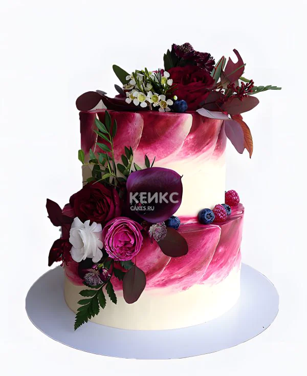 Яркий торт с бордовыми розами Яркий торт с бордовыми розами Фото