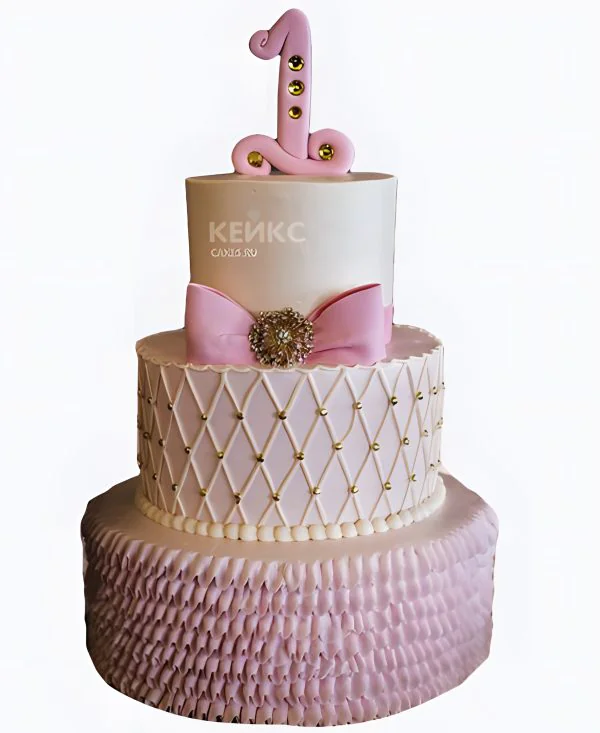 Оригинальный золотистый торт с розовым бантом и цифрой Оригинальный золотистый торт с розовым бантом и цифрой Фото