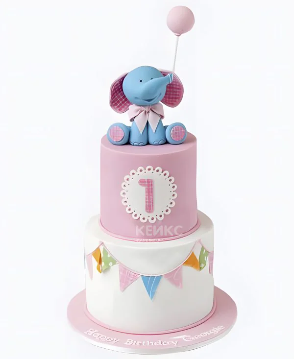 Милый торт со слоником на 1 годик девочке Милый торт со слоником на 1 годик девочке Фото
