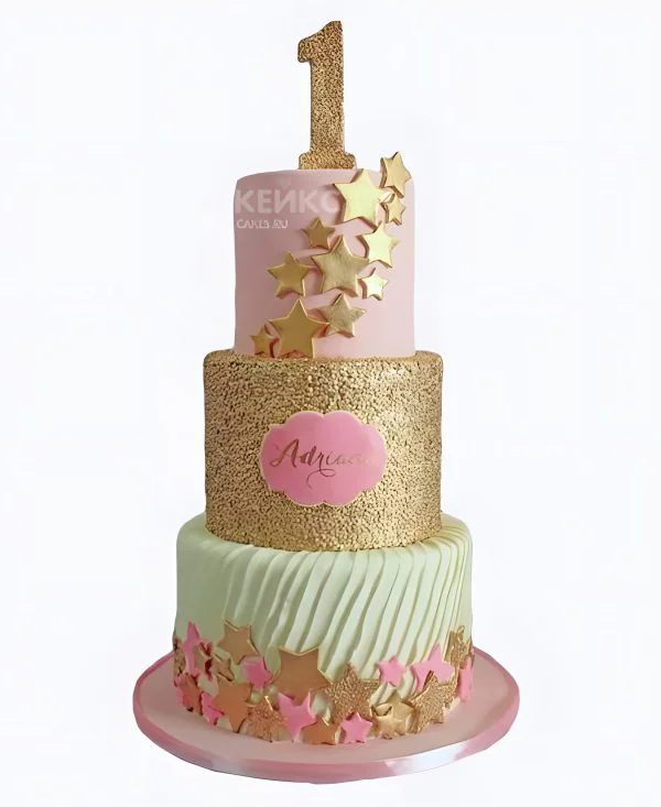 Розово-золотой торт со звездами и цифрой Розово-золотой торт со звездами и цифрой Фото