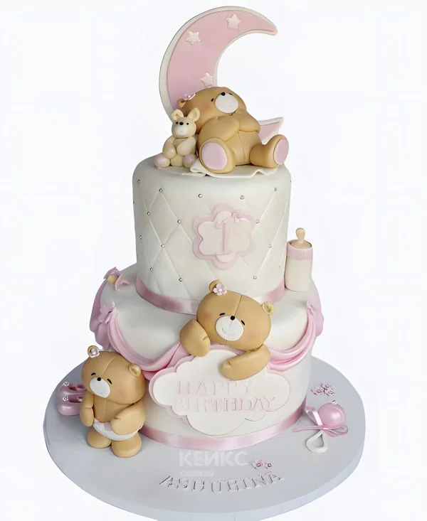 Нежно-розовый торт с мишками и луной Нежно-розовый торт с мишками и луной Фото