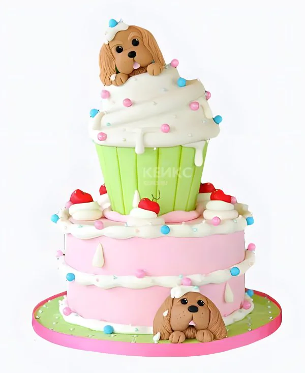 Милый розовый торт с собачками и пироженным Милый розовый торт с собачками и пироженным Фото